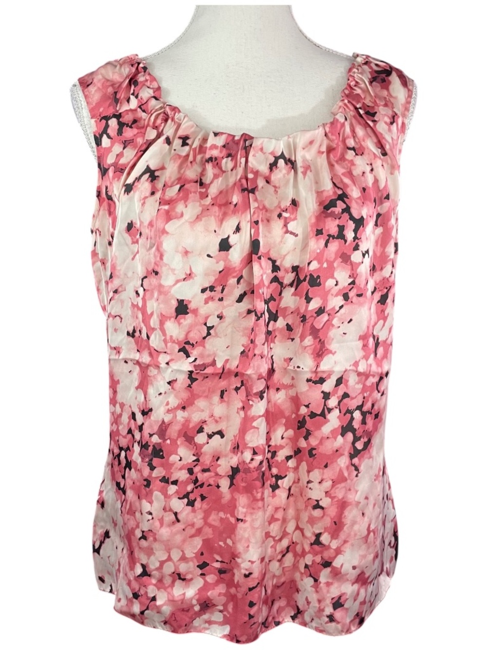 Watercolor Floral Satin Top Anne Klein Sleeveless Pink Gathered Pleated Silky